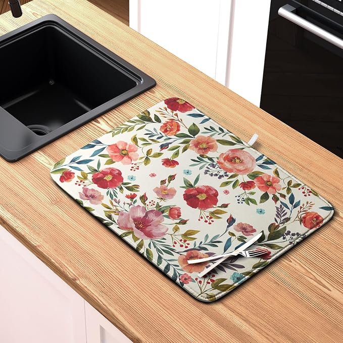 Floral Dish Drying Mat for Kitchen Counter Absorbent Microfiber Dishes Drying Pad Cute Flowers Dish Drainer Rack Mats Washable Coffee Sink Mat Extra Large 18"x24" Dish Mat