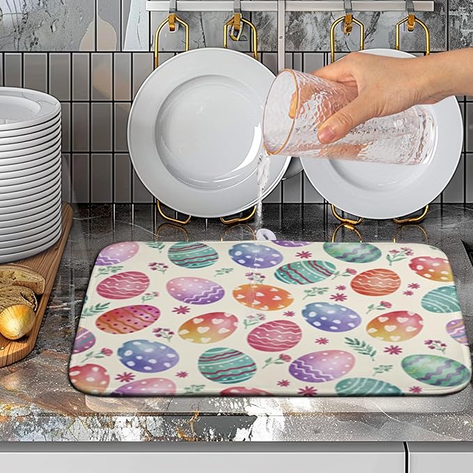 Easter Dish Drying Mat for Kitchen Counter Easter Spring Colorful Eggs Floral Drying Mats Absorbent Reversible Microfiber Washable Draining Pad Washable Dry Mat 16x18 Inch