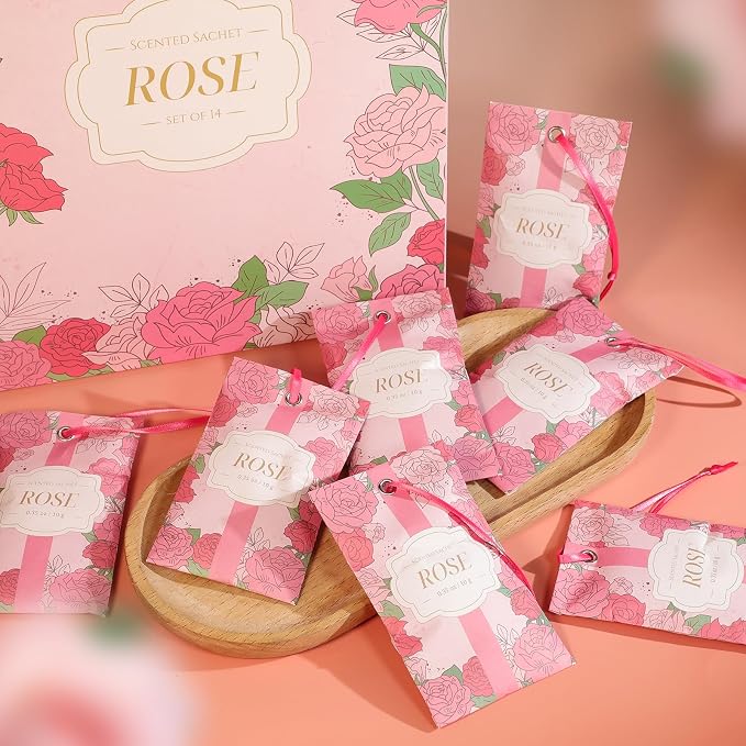 SCENTORINI Scented Sachets for Drawer and Closet, Rose Scent 14 Pack | Long-Lasting Sachets Bags Gift Set, Closet Freshener Sachet for Drawer, Suitcases, Handbags, Wardrobe Freshener, Gym Bag