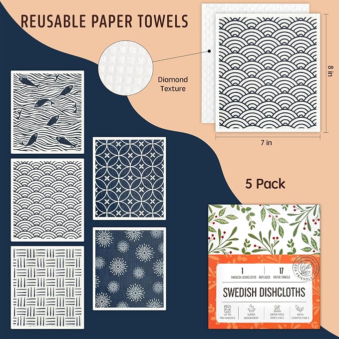 Swedish Dishcloths, 5 Pack Swedish Dishcloths for Kitchen, Super Absorbent, Biodegradable, Quick Drying, Dishwasher Safe