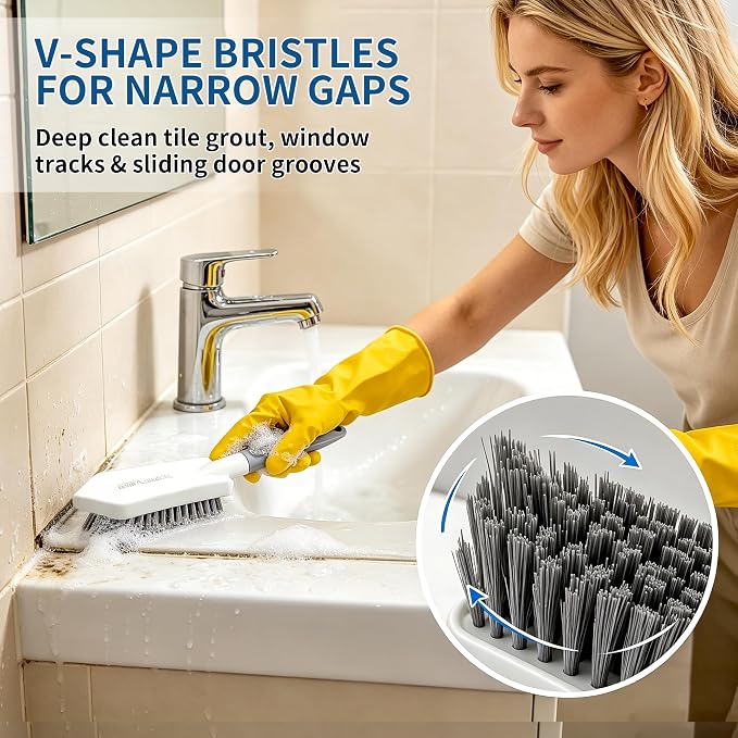 3PCS Heavy Duty Scrub Brush Set - Shower Cleaning Brushes for Bathroom | Corner brush with scraper, V-shape grout brush & stiff scrubber. For grout, tracks, crevice, shower, tub & floor.