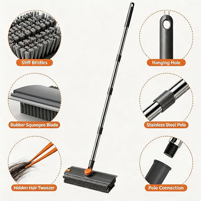 3-in-1 Floor Scrub Brush with Long Handle, Rotating Head Squeegee & Tweezer | Stiff Dual-side Bristle, 50'' Extension Pole, Stainless Steel, Multi-Surface for Shower Tile Patio Kitchen Deck Cleaning