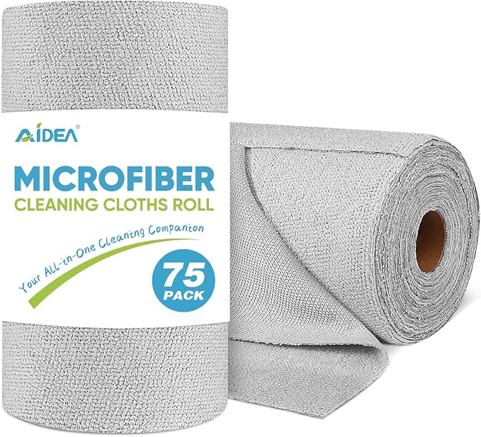 AIDEA Microfiber Cleaning Cloth Roll-75PK, Reusable Paper Towels 11.5×11.5" | Tear Away Cloth, Microfiber Towels for Cars, Cleaning Rags, Lint Free Wash Cloths for House, Kitchen,Cleaning Supplies, Grey