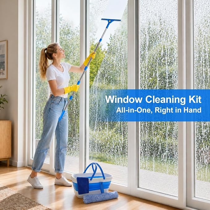 Window Cleaning Kit, Window Washing Kit with 3 Gallon Collapsible Bucket, 14-Inch Squeegee & 15-Inch Scrubber, 76-Inch Extendable Pole, Window Washing Equipment for Home & Commercial (76 inch)