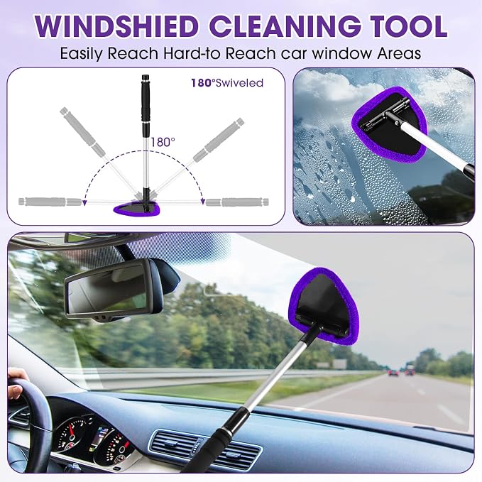 Purple Windshield Cleaner Tool, Car Interior Cleaning Kit with Extendable Handle and 3 Reusable Microfiber Pads, Auto Glass Wiper and Detailing Brush Kit for Car & Home Window