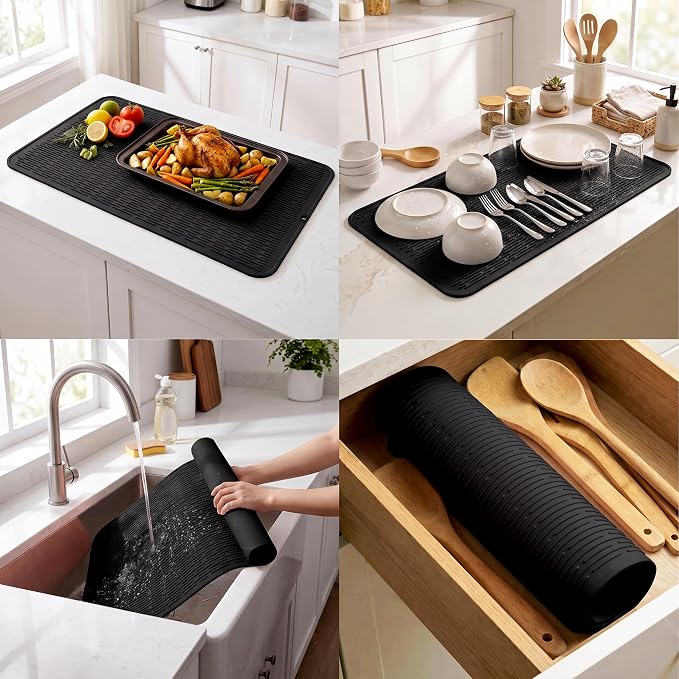 MicoYang Silicone Dish Drying Mat for Multiple Usage,Easy clean,Eco-friendly,Heat-resistant Silicone Mat for Kitchen Counter or Sink,Refrigerator or Drawer Liner Black 5XL 36inches x 18inches