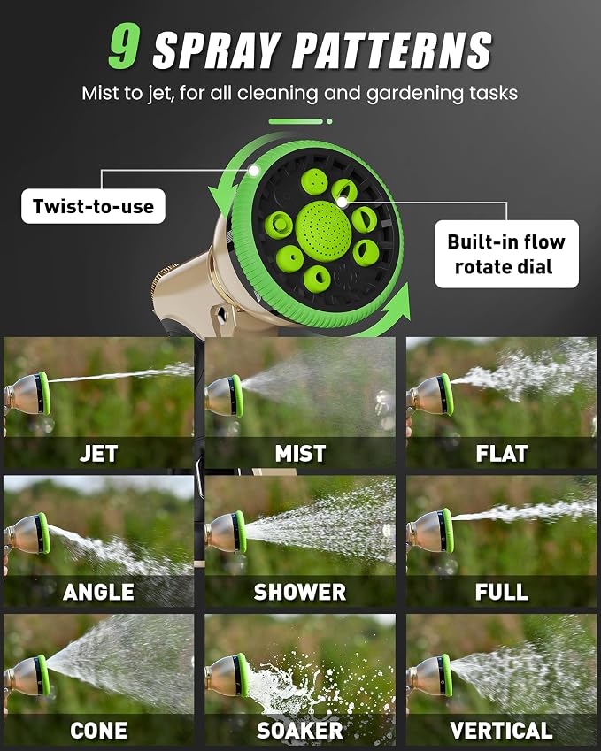RAINPOINT Garden Hose Nozzle, Metal Hose Sprayer Nozzle With 9 Adjustable Spray Patterns, Heavy Duty Hose Sprayer for Watering Plants, Lawns, Car Wash, Pet Washing (Green)