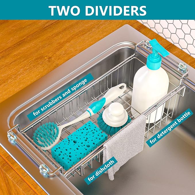 Over the Sink Caddy, Expandable Stainless Steel Sponge Holder for Kitchen Sink, 14.5-22 in Sink Organizer Rack for Sponge, Soap, Brush, Dish Cloth and Rag, Rust-Resistant Drying Holder