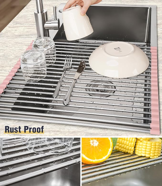 Tomorotec 17.7" x 15.5" Roll Up Dish Drying Rack Over Sink Drying Rack Sink Cover Kitchen Sink Accessories Gadget Multipurpose Organizer Foldable Stainless Steel Drainer