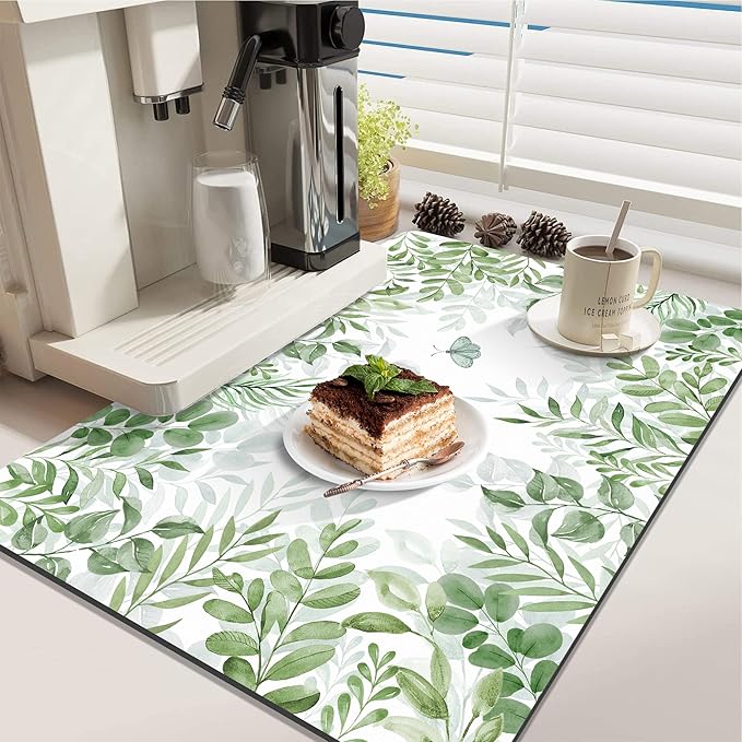 LOKHOM Dish Drying Mat for Kitchen Counter, 18"x24" Absorbent Mat with Green Plant & Butterfly Pattern, Drain Rack Mat for Counter Coffee Maker, Dining Room Decor