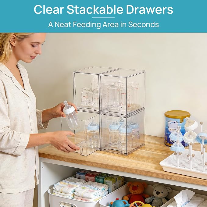 Vtopmart 7.6" H Clear Stackable Storage Drawers, 4 Pack Plastic Organizers Bins for Skincare, Cosmetics,Beauty Supplies,Ideal for Vanity, Bathroom,Kitchen Countertop,Cabinet Organization
