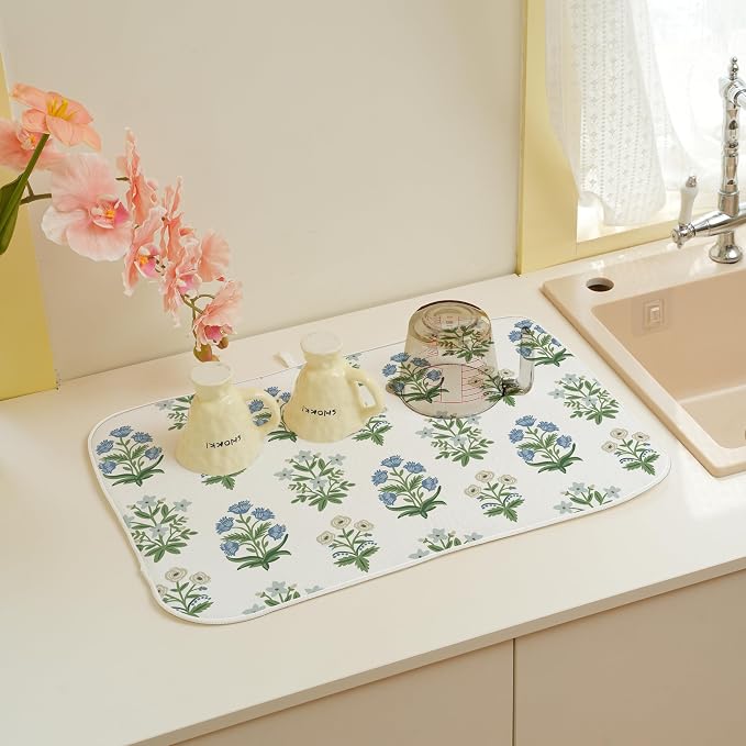 Spring Dish Drying Mat 18x24 Inches For Kitchen Counter Absorbent Floral 4 Kitchen Decoration Summer Floral Drying Mat For Home Kitchen,Dining Room,Office Decoration