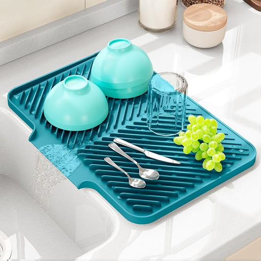 Dish Drying Mat Kitchen Counter - Silicone Dish Drying Pad with Built-in Drain for Sink, Refrigerator and Drawer liner, Easy Clean, Non-Slip, Heat Resistant, 14.8" x 10.7"