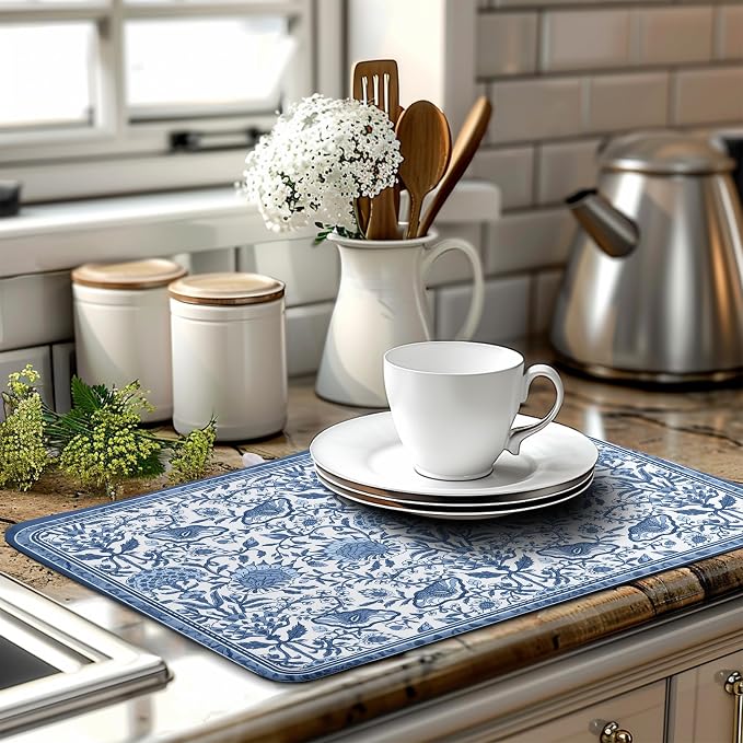 Blue Floral Dish Drying Mat for Kitchen Counter Boho Flowers Dishes Drainer Mats Rustic Farmhouse Microfiber Absorbent Dish Draining Spring Summer Reversible Dish Rack Pad Large 18x24 Inch
