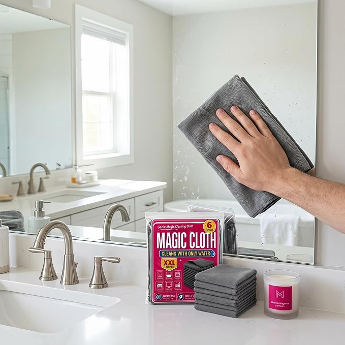 Genie Magic Cleaning Cloth, 6 Pack Microfiber Magic Cloth for Windows & Glass, Lint-Free Reusable Cleaning Rag for Mirrors, Cars & Stainless Steel，6