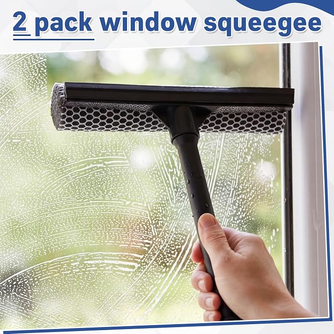 Zhengmy 2 Pcs 15.8" Window Squeegee with Long Handle for Car, 2 in 1 Car Window Cleaning Tool, Sponge Squeegee Windshield for Gas Station, Home, Auto, Glass, Shower, Outdoor High Windows Cleaning