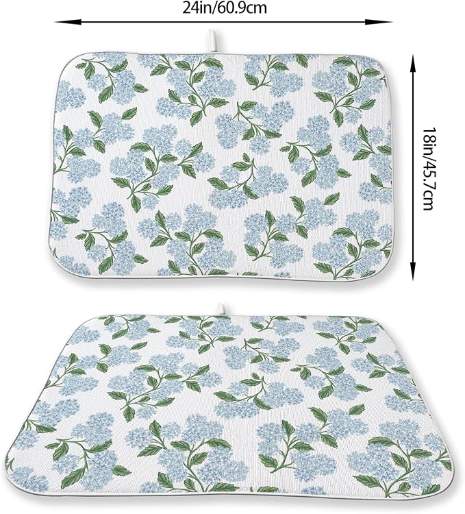 Blue Sage Green Floral Dish Drying Mat 18 x 24 Inch Spring Hydrangea Floral Drying Mat for Kitchen Counter Absorbent Summer Flowers Dishes Dry Pad for Drainer Rack Kitchen Fast Dry