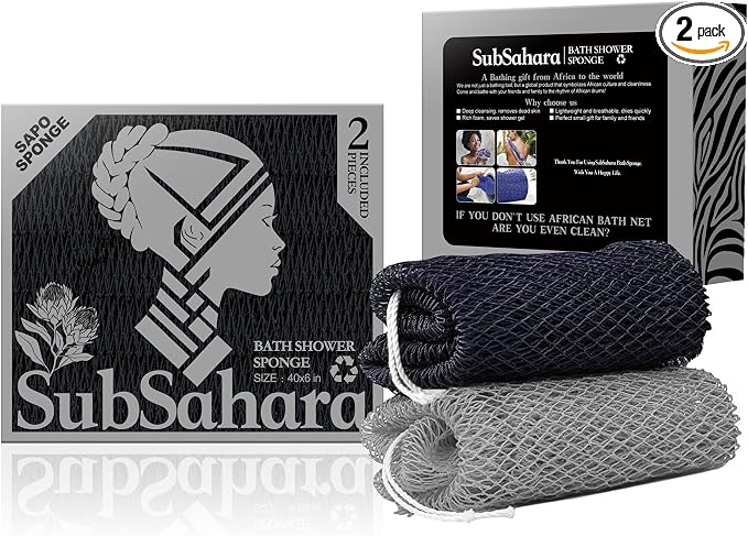 SubSahara Authentic African Net Sponge - 2 Pack Exfoliating Bath & Shower Loofah Sponge for Body & Face, Gentle Scrubber for All Skin Types, Travel, Durable (Black & Grey)