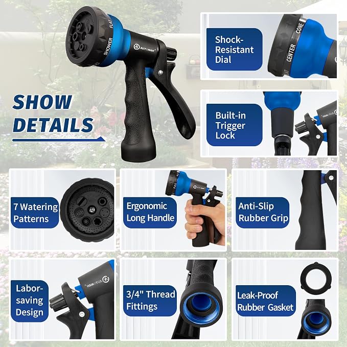 AUTOMAN-Garden-Hose-Nozzle, 2 Pack ABS Water Spray Nozzle with Heavy Duty 7 Adjustable Watering Patterns,Slip Resistant for Watering Plants,Lawn& Garden,Washing Cars,Cleaning,Showering Pets - Blue