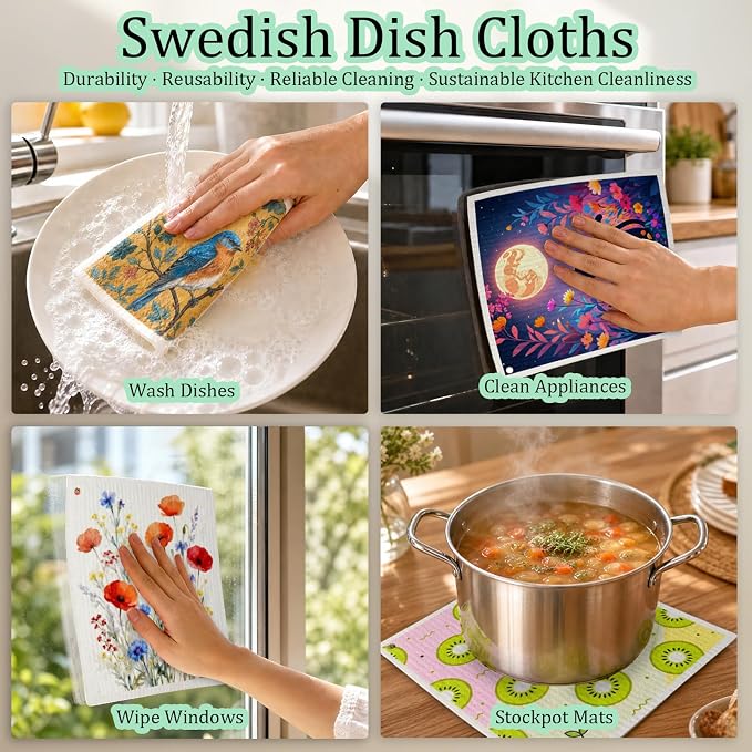 Swedish Dishcloths for Kitchen 5 Pack Black Cat Reusable Paper Towels with 3 Hooks Absorbent Washable Dish Cloth Set Cleaning Cloth for Housewarming