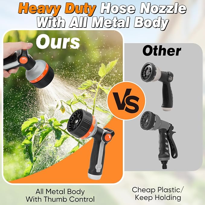 BIBURY Garden Hose Nozzle Sprayer, Heavy Duty Metal with 10 Spray Patterns | High Pressure, Thumb Flow Control, On/Off Valve, Leak Proof, Ideal for Watering Plants, Lawns, Car & Pet Washing