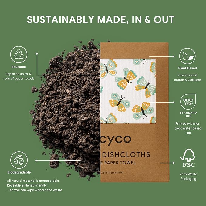 RECYCO Swedish Dishcloths for Kitchen | 5 Pack Gingham Flutter Washable Dish Rags | Cellulose Reusable Cleaning Paper Towels | Absorbent Counter Dish Cloth Sponge Kitchen Wipes, 8" L x 7" W