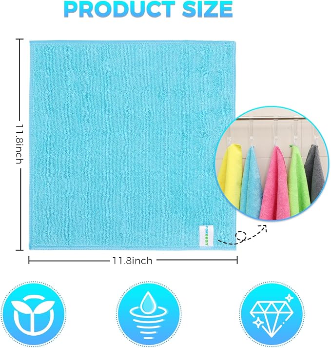 Forggon 15pcs Microfiber Cleaning Cloth Lint Free, Absorbent, Streak Free, Non-Abrasive, Reusable and Washable，Cleaning Towels with 5 Color Assorted,11.5"X11.5"(Green/Blue/Yellow/Pink/Grey)
