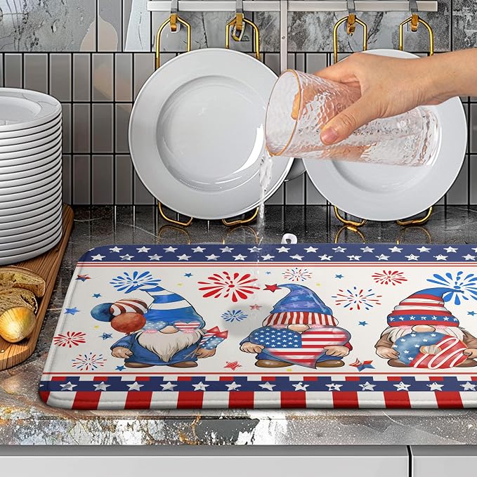 4th of July Dish Drying Mats for Kitchen Counter 18x24 In Memorial Independence Day Patriotic Gnome Stars Microfiber Drying Mat Fourth of July USA Super Absorbent Dish Rack Mat Drying Pad