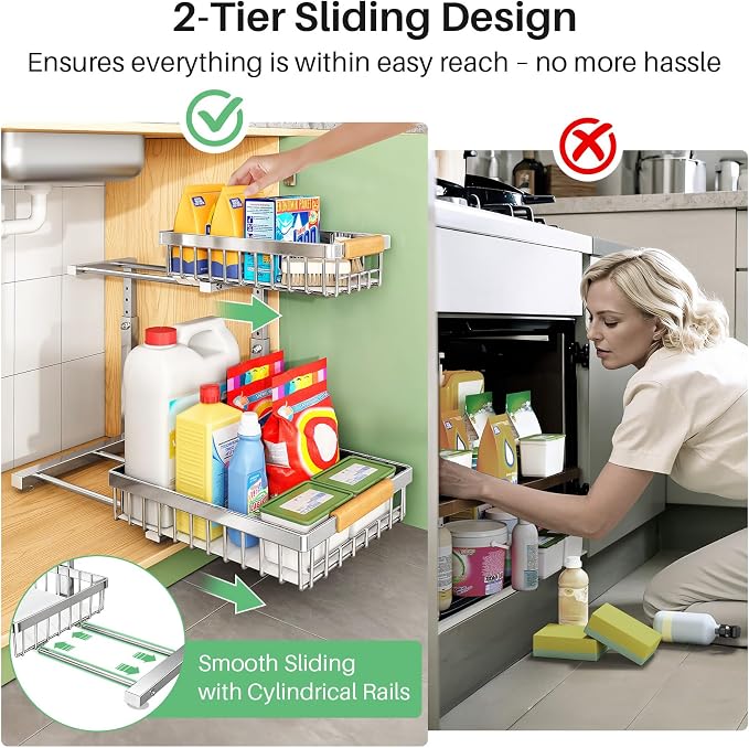 Kitstorack Under Sink Organizer, 2 Tier Under the Sink Storage, Slide out Pull out Cabinet Organizer Shelf, Metal Sliding Drawer for Kitchen Bathroom Pantry Closet Organization Rack, Silver, 1 Pack