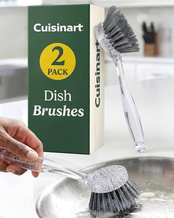 Cuisinart Dish Brush with Handle, 2 Pack, Firm Bristles | Multi-purpose dish scrubber for plates, pots, and pans, deep cleaning removes grease, safe for nonstick, round head