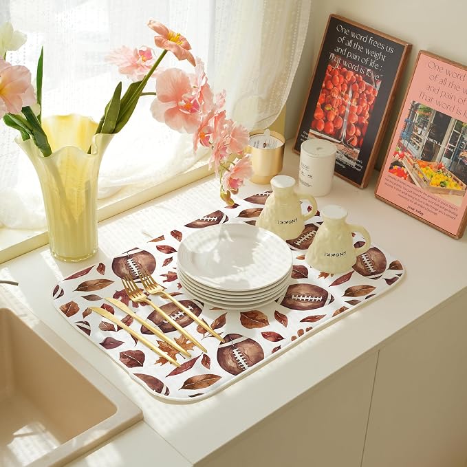 Fall Dish Drying Mat 18x24 Inches For Kitchen Counter Orange Brown Baseball Leaves Kitchen Decoration Drying Mat Decorative Autumn Leaves Drying Pad for Home Kitchen,Dining Room Decor