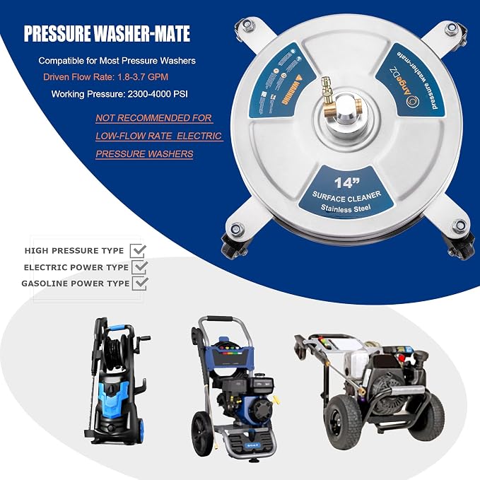 14" Pressure Washer Surface Cleaner with 4 Wheels, 1/4" Quick Connect Plug, Sturdy Stainless Steel Power Washer Attachment for Concrete Driveway, Min Flow Rate 1.8 GPM, Max 4000 PSI (Silver)