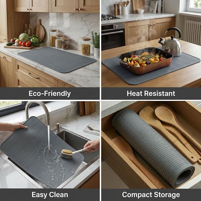 MicoYang Silicone Dish Drying Mat for Multiple Usage,Easy clean,Eco-friendly,Heat-resistant Silicone Mat for Kitchen Counter or Sink,Refrigerator or Drawer Liner Grey 3XL 28 inches x 18 inches