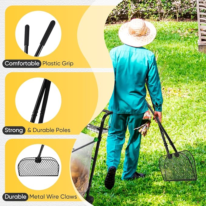 AugFir Leaf Grabber Rake, Long Handle Metal Leaf Picker Upper, Efficient and Labor-Saving Yard Rake Leaves Grabber for Garden Cleaning No Bending Over