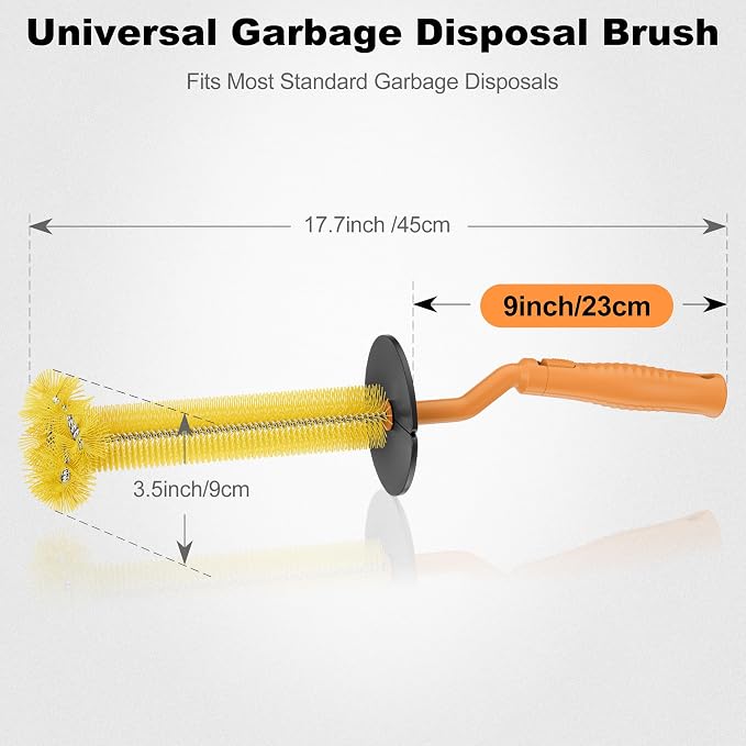 Universal Garbage Disposal Brush – 360° Rotating Head with Rubber Splash Guard, 17.7 Inches,Long-Handle Sink & Disposer Cleaner