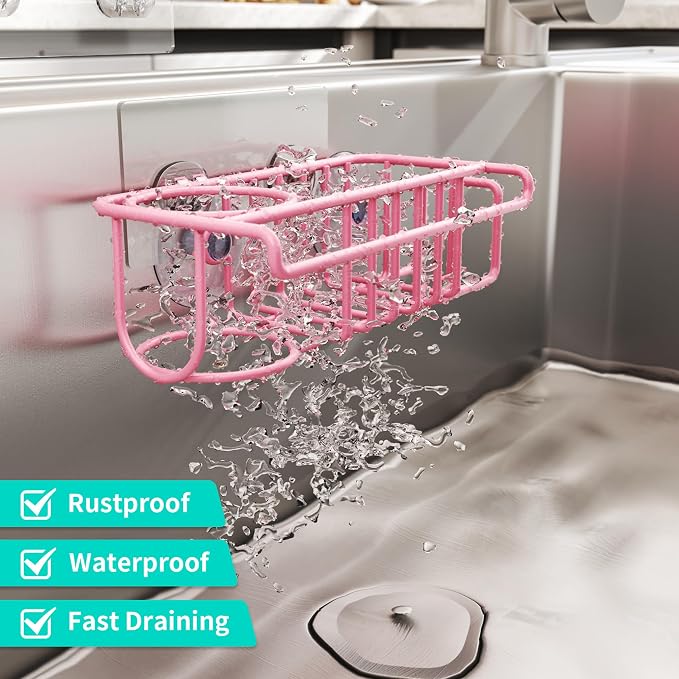 HapiRm Sink Caddy Sponge Holder - No Drill Sponge Holder for Kitchen Sink, Rustproof and Waterproof Kitchen Organizer - Pink