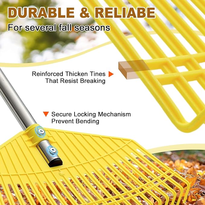 Leaf Rake - 16.5" Wide Nylon Plastic Head,51" Adjustable Stainless Steel Handle,Heavy Duty Gardening Leaves Rake Tools for Garden Lawns,Yard,Shrub,Grass - Lightweight for Women,Seniors & Kids