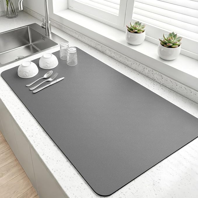 LOPNUR Kitchen Dish Drying Mat, 31.5"x17" Extra Large Dish Drying Mats for Kitchen Counter, Diatomite Coffee Mat, Super Absorbent Dish Drying Pad, Heat Resistant Mat with Anti-slip Rubber Backed, Grey