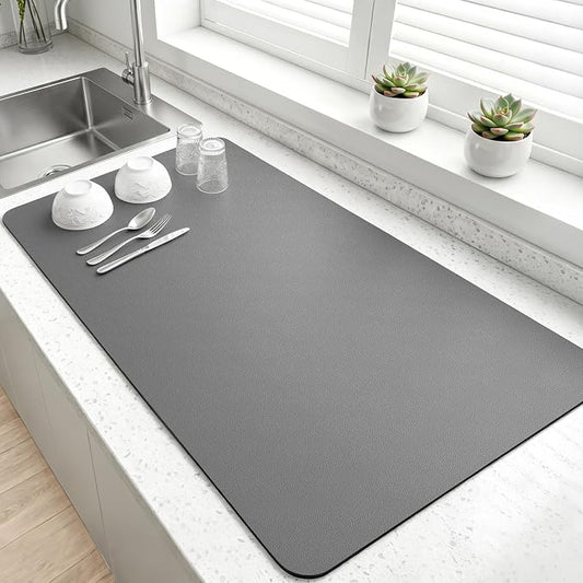LOPNUR Kitchen Dish Drying Mat, 31.5"x17" Extra Large Dish Drying Mats for Kitchen Counter, Diatomite Coffee Mat, Super Absorbent Dish Drying Pad, Heat Resistant Mat with Anti-slip Rubber Backed, Grey
