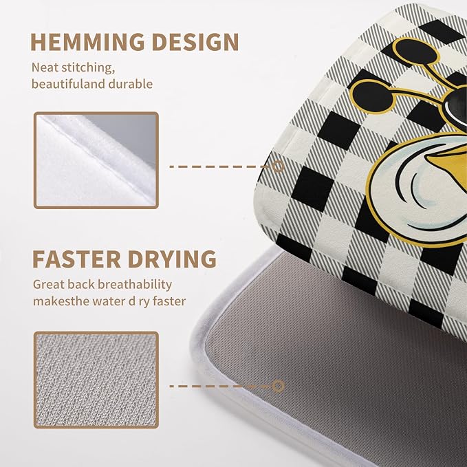 Summer Bumble Bee Drying Mat for Kitchen Counter 16×18 Inch Black White Buffalo Check Honey Bee Print Dish Drying Mats Kitchen Accessories Dish Rack Mat