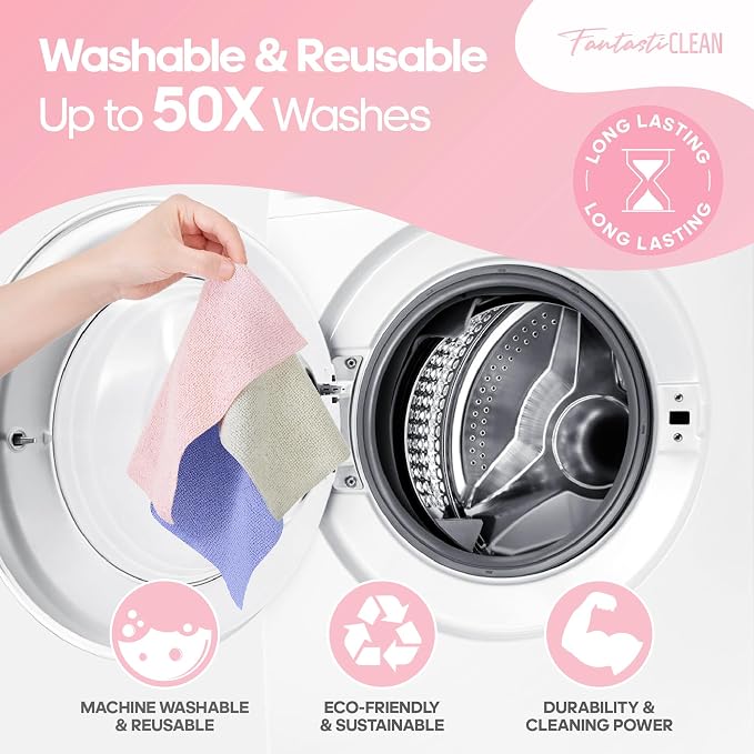 Fantasticlean Microfiber Cleaning Cloth Roll 4 Rolls 240 Pack, Tear Away Paperless Towels, 8" x 8", Reusable Washable Rags, House Kitchen, Pet, Office, Indoor Outdoor, Portable (2Pink 2Light-Purple)