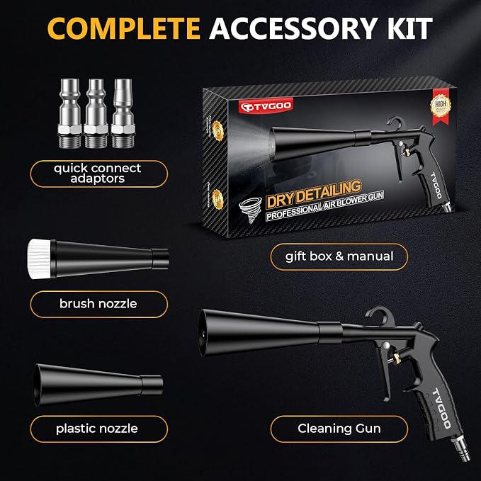 Air Cleaning Gun for Car Detailing, Works with Air Compressor | Aluminum alloy air blaster with 0-230 PSI airflow, Soft brush and 3 adapters for vents, Seat gaps and garage cleanup