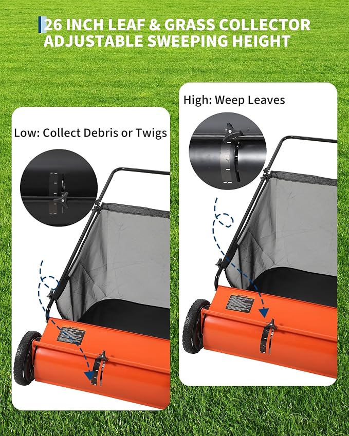 26-Inch Push Lawn Sweeper, Heavy Duty Stainless Steel Yard Sweeper with 4 Spinning Brushes, 7 Cu. ft. Large Capacity Hopper Bag, Adjustable Brush Height, Rubber Wheels for Leaves Grass Clippings