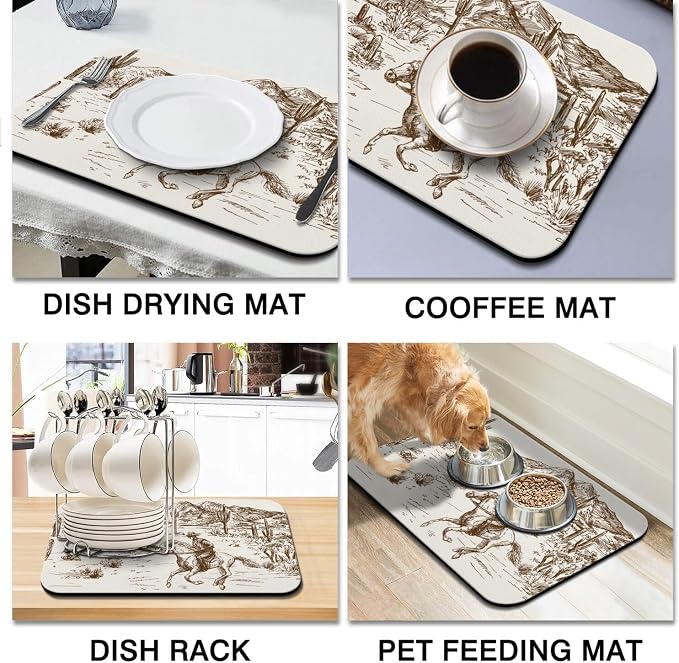 Dish Drying Mat 2-Pack in Western Cowboy for Kitchen Counter Dishes Mat | Diatom Mud Mats (18x24, 19.5x12"). Non-slip rubber back for kitchen counter, coffee bar & sink scenes