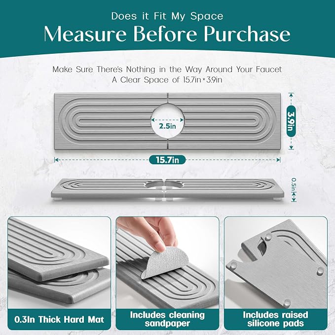 Eormoe Kitchen Sink Faucet Mat - 15.7in Diatomite Sink Protectors for Kitchen Sink, Stone Sink Splash Guard for Kitchen Counter Sink Accessories (Grey, 15.7'' x 3.9'')