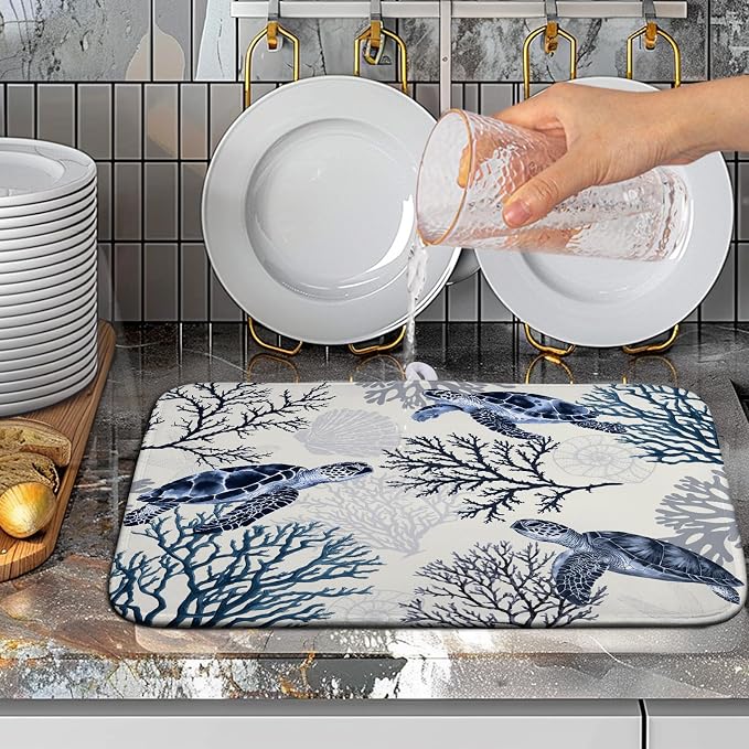 Nautical Coastal Dish Drying Mat Summer Beach Dish Pad for Kitchen Counter Ocean Coral Sea Turtle Absorbent Microfiber Dish Draining Reusable Washable Blue Dish Drainer Mat 16×18 Inch