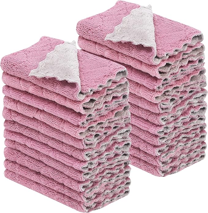 22 Pack Kitchen Dish Cloths, Reusable Dish Towels, Nonstick Oil Washable Fast Drying, Super Absorbent Coral Velvet Cleaning Cloths for Cleaning Tableware, Kitchen, Bathroom (Purple-grey10" x 6")