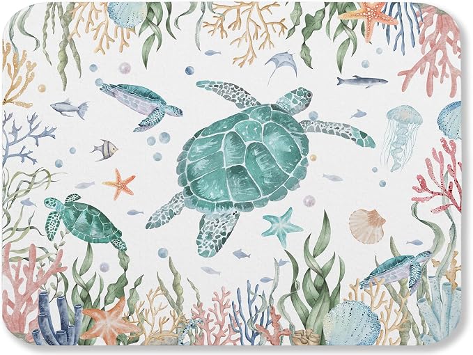 Sea Turtle Dish Drying Mat for Kitchen Counter Sink, Summer Beach Absorbent Microfiber Drying Pad, Reversible Waterproof Countertop Mat for Kitchen Decor