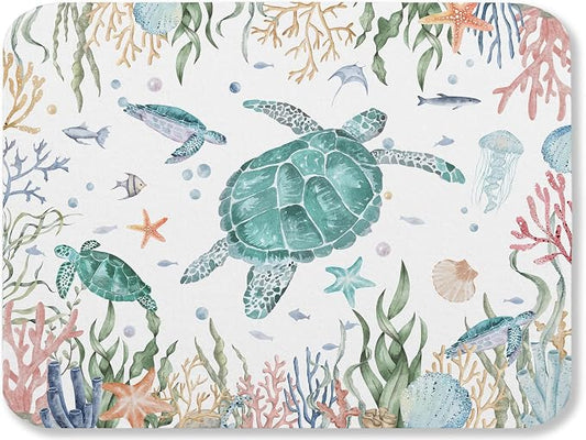 Sea Turtle Dish Drying Mat for Kitchen Counter Sink, Summer Beach Absorbent Microfiber Drying Pad, Reversible Waterproof Countertop Mat for Kitchen Decor