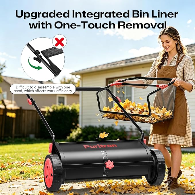 Push Lawn Sweeper, 26 Inch Leaf & Grass Collector, Strong Rubber Wheels & Heavy Duty Thickened Steel Durable to Use with Large Capacity 7 ft³ Mesh Collection Bag, 4 Spinning Brushes